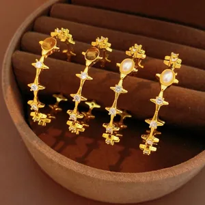 Vintage gold hoop earrings with tiger eye stone, pearls and zircon in a luxury velvet box
