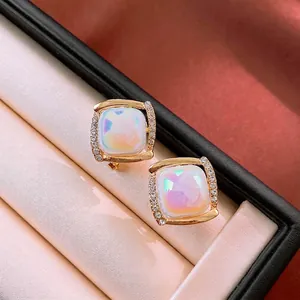 French vintage gold square stud earrings with iridescent opal and pavé crystals