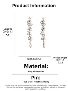 Detail view of rhinestone leaf tassel earrings with size measurements 7.1cm by 1.5cm