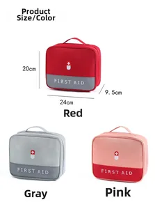 Three medical bags in red, gray, and pink colors with First Aid text, size 24x20x9.5cm