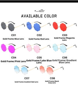 Detailed catalog of octagon spider web rimless sunglasses in eight vibrant color variations