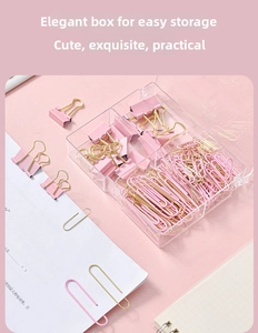 Pink and gold stationery set with paper clips and binder clips in a four-grid storage box