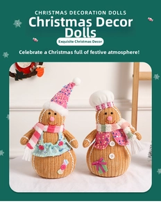 Detailed view of two knit Christmas gingerbread dolls with sequins and chef hat details