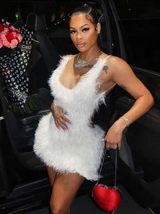 White Faux Fur Mini Bodycon Dress Sexy Backless Hollow Out Spaghetti Strap Nightclub Party Gown For Women