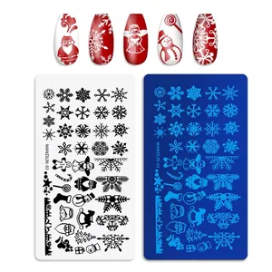Macro detail of Manzilin-03 Christmas nail plate with snowflakes and Santa Claus patterns