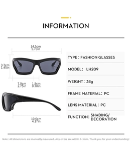 Detailed size chart of trendy wraparound sunglasses with frame and lens dimensions