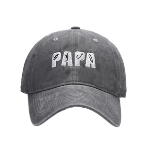 Dark grey washed cotton baseball cap with PAPA embroidery and fishing hook details