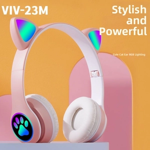 Pink VIV-23M cat ear headphones with LED lights and foldable design for kids