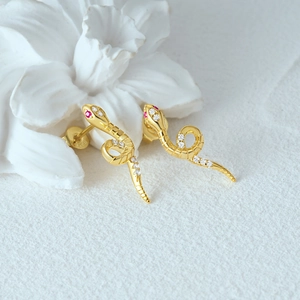 Close-up of S925 sterling silver cobra earring with white zircon and red gem eyes