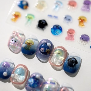 Cute 3D jelly jellyfish nail stickers in blue and pink for clear summer manicure art