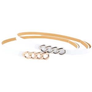 Minimalist white leather skinny belts with stylish gold and silver chain buckles for women