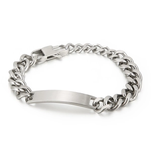Men's titanium steel Cuban curb chain bracelet with brushed ID plate on white background