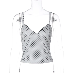 Detail showing white fabric with black polka dots and V-neckline of a slim camisole top