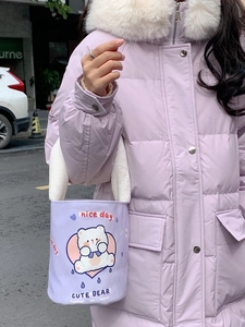 Borsa a secchiello lavanda orsetto carino con manico di peluche e stampa per donne