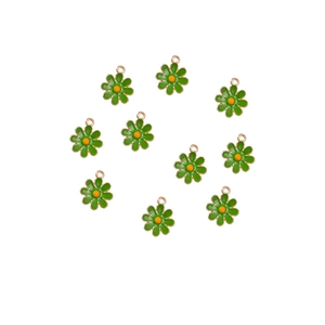 Detail view of 10 green daisy charms with orange centers for DIY jewelry making