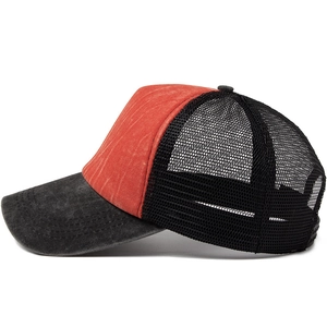 Distressed mesh baseball cap with washed cotton brim and breathable nylon back