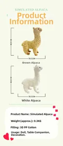 Detailed size chart and product specifications for the simulated alpaca plush toy