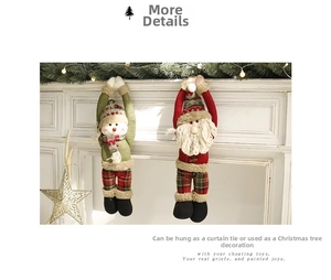 Macro shot of plush Santa and Snowman hanging dolls used as Christmas curtain tiebacks
