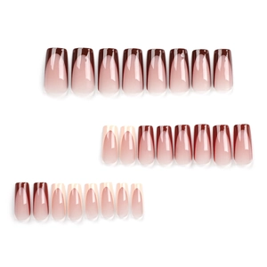 Brown and beige French tip press-on nails in long square shape with glossy finish