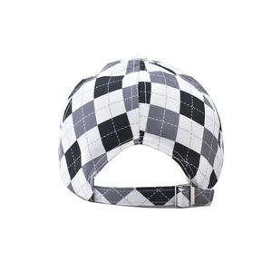 Detail of adjustable silver metal buckle on the back of the plaid baseball cap