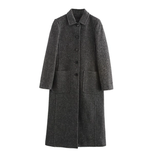 Women British Style Long Polyester Woolen Overcoat Solid Color Single Breasted Lapel Loose Outerwear Top For Autumn Winter