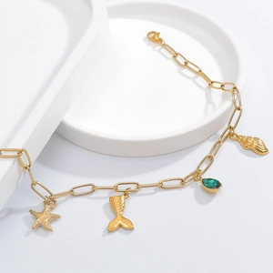 18K gold plated stainless steel bracelet with starfish shell pendants and green gemstone
