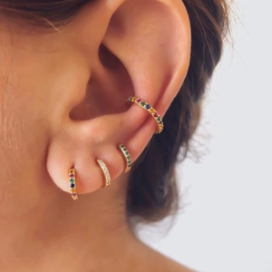 S925 silver post gold hoop earrings set with colorful zircon stones on female ear