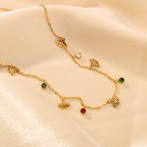 Bohemian gold plated stainless steel necklace with evil eye charms and multi-colored stones