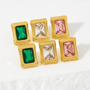 Retro square zircon earrings set in emerald green clear and pink stones with gold plating