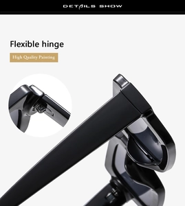 Macro shot of flexible hinge and high quality painting detail on black square sunglasses