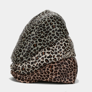 Three leopard print PU beret hats for women in neutral and warm tones, stacked sideways