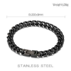 Detail view of 9mm black stainless steel Cuban link bracelet with size and weight specs