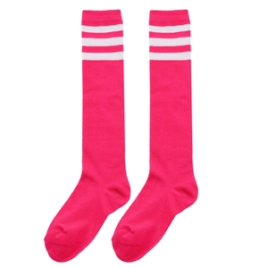 Pair of vibrant pink knee-high socks with three iconic white stripes in preppy JK style