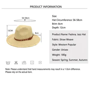 Unisex straw fedora sun hat size chart with dimensions showing 56-58cm head circumference