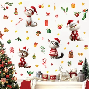 Christmas window stickers featuring cute cats in sweaters and festive holiday decorations
