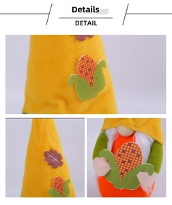 Detailed views of a fall gnome plush featuring a yellow hat with corn and maple leaf accents