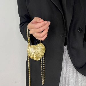 Chic heart-shaped evening bag with golden rhinestones and metal chain strap for women