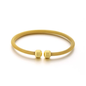 Golden threaded open bangle with textured mesh design and engraved spherical ends