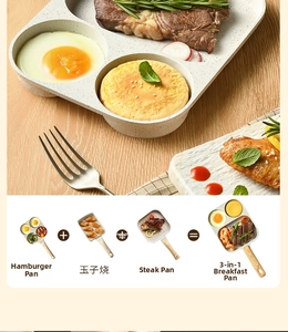 3-in-1 non-stick breakfast pan with sections for steak, burger and tamagoyaki