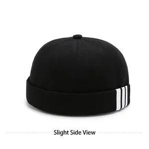 Street style black brimless docker cap with white side stripes in durable twill cotton