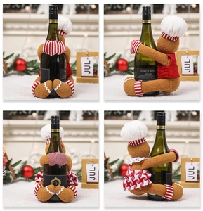 Detailed views of plush gingerbread chef wine bottle covers for festive Christmas decor