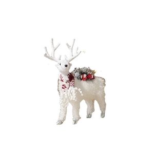 White Christmas reindeer figurine with red scarf and festive pine cone decor on back