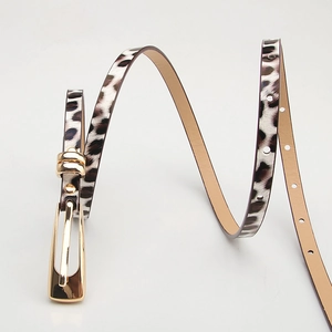 Slim leopard print belt for women with high-gloss gold rectangular alloy buckle