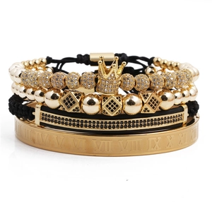 Men's crown bracelet set with gold beads, roman numeral bangle and black woven cord