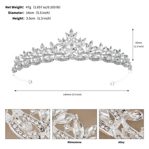 Vues détaillées du diadème en cristal argenté avec dimensions et finitions en strass