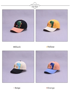 Detailed color show of cotton kids dinosaur baseball caps in four bicolor combinations
