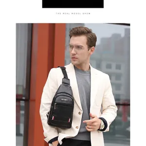 Waterproof black PU leather chest bag for men with multi-zipper layers and casual strap