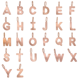 Rose gold stainless steel 26 English letter pendants with radial texture on white background