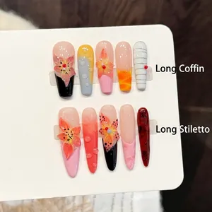 Handmade Press On Nails Relief Flower Water Drop Gradient Luxury Long Coffin Stiletto Artificial Fingernails For Women