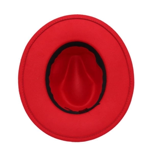 Close-up of wide-brimmed red wool fedora hat featuring a black inner sweatband